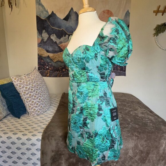 Lulus Luxe Direction Teal Green Floral Jacquard Puff Sleeve Mini Dress XL NWT - Picture 14 of 16